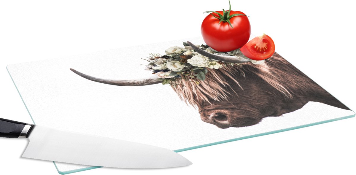 Glazen Snijplank - 39x28 - Schotse hooglander - Rozen - Wit - Snijplanken Glas