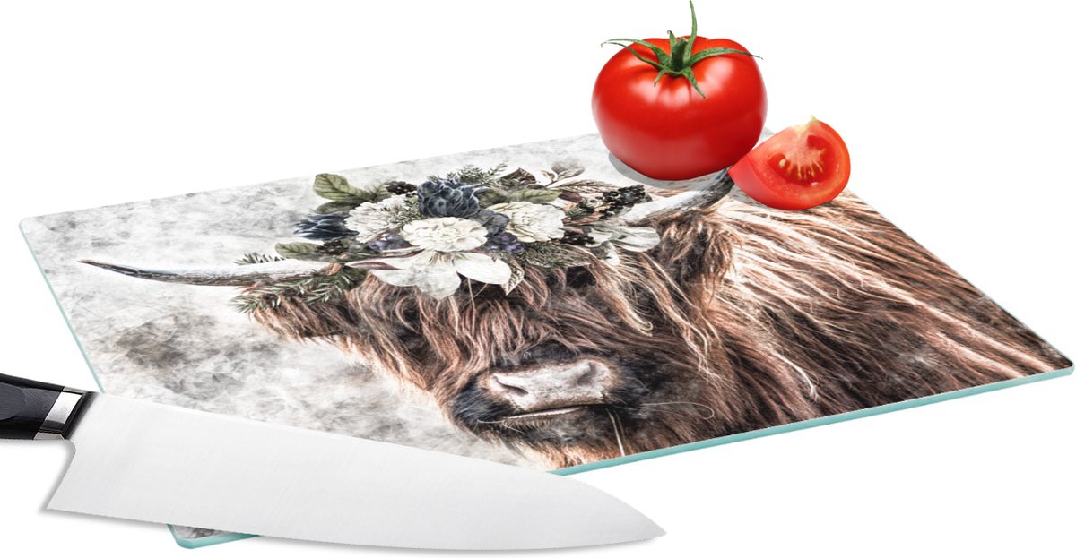 Glazen Snijplank - 28x20 - Schotse hooglander - Rook - Flora - Snijplanken Glas