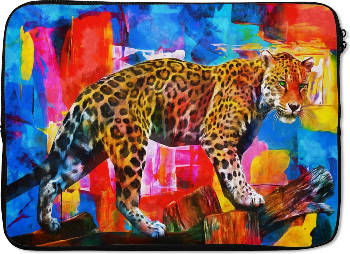 Laptophoes 14 inch - Schilderij - Panter - Olieverf - Kleuren - Dieren - Laptop sleeve - Binnenmaat 33x23 cm - Zwarte achterkant