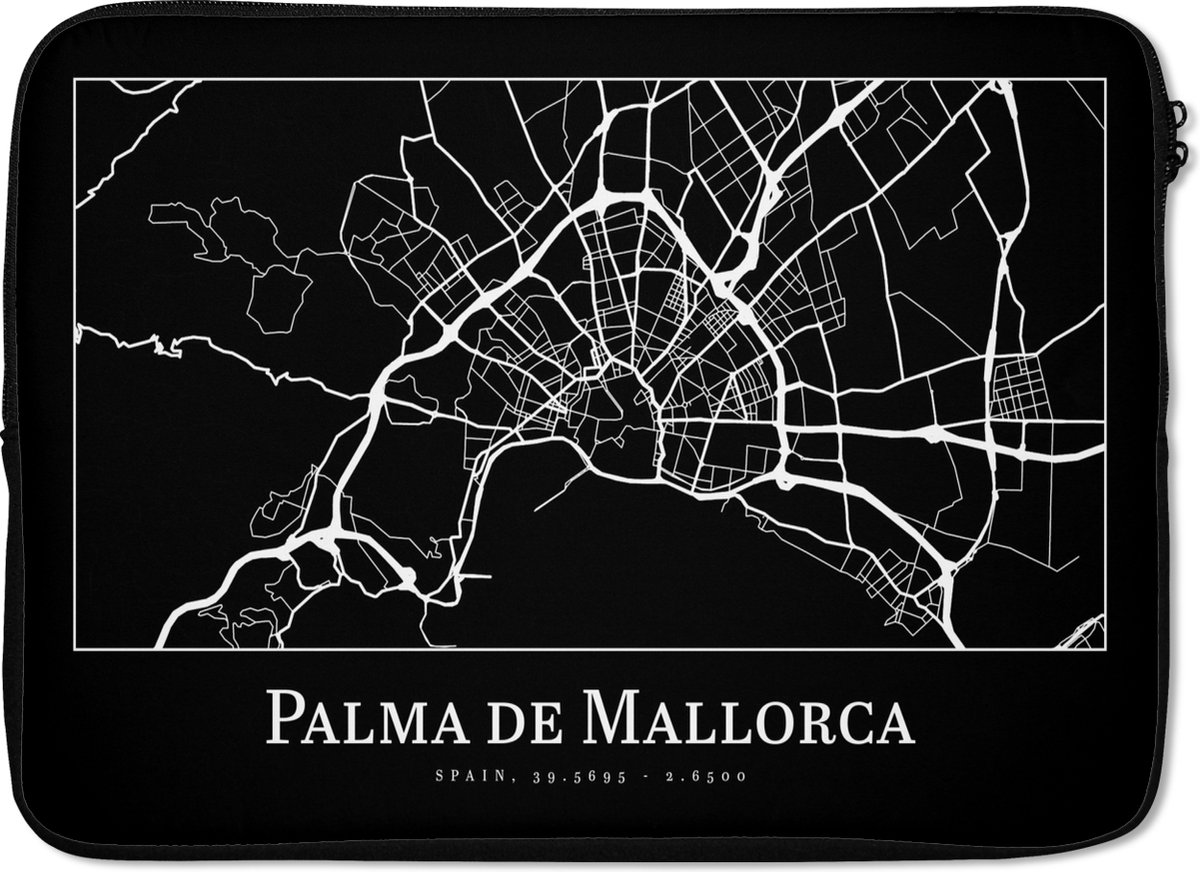 Laptophoes 14 inch - Plattegrond - Stadskaart - Palma de Mallorca - Kaart - Laptop sleeve - Binnenmaat 33x23 cm - Zwarte achterkant - Stadskaart