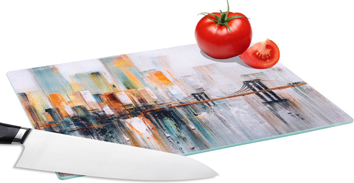 Glazen Snijplank - 28x20 - Schilderij - Stad - Skyline - Olieverf - Snijplanken Glas