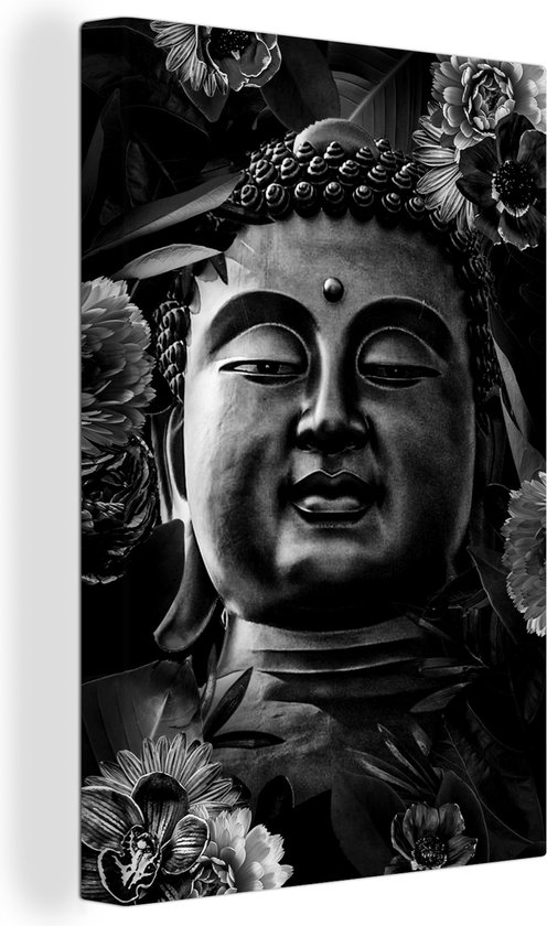 Tableau sur toile T te de Bouddha et fleurs noir et blanc