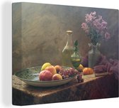 Toile Peinture Nature Morte - Artistique - Peinture - Fleurs - Violet - Fruits - Eclairage - 80x60 cm - Décoration murale