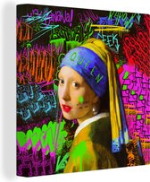 Canvas Schilderij Meisje met de parel - Neon - Graffiti - 90x90 cm - Wanddecoratie