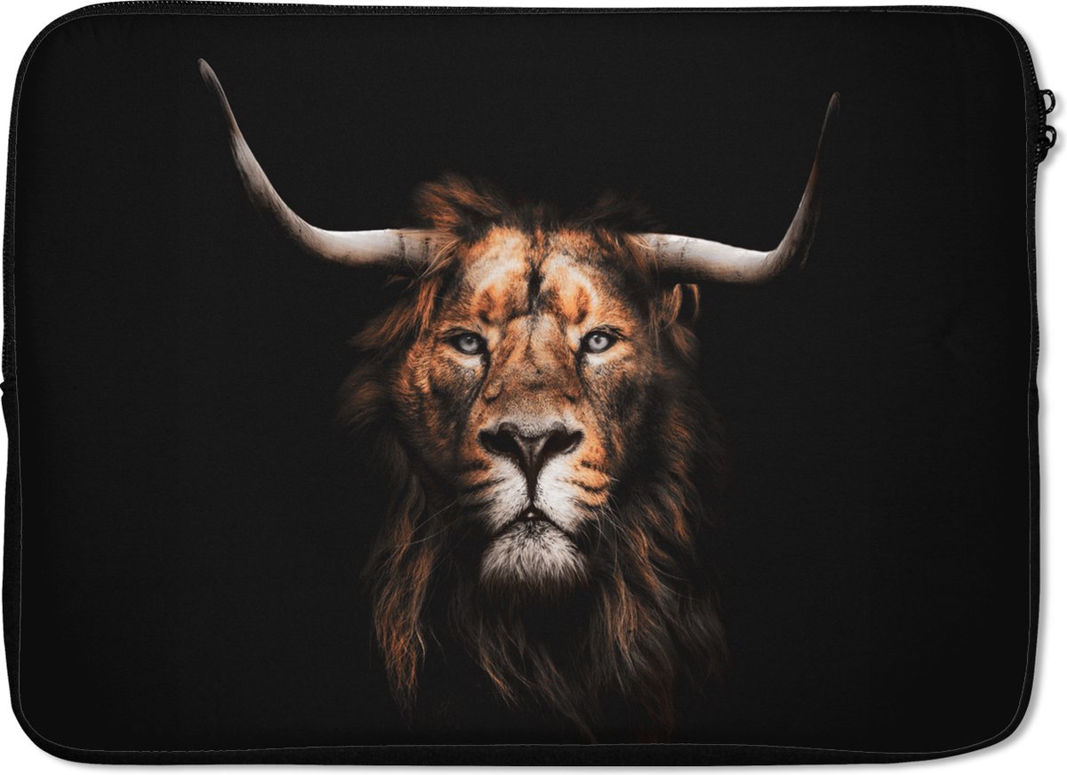 Laptophoes 13 inch - Leeuw - Hoorn - Zwart - Laptop sleeve - Binnenmaat 32x22,5 cm - Zwarte achterkant