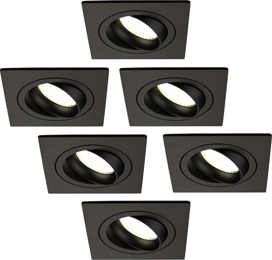 Ledvion Set van 6 LED Inbouwspots Sevilla, Zwart, 5W, 4000K, 92 mm, Dimbaar, Vierkant, Badkamer Inbouwspots, Plafondspots, Inbouwspot Frame