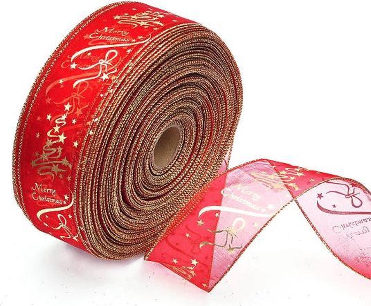 Knaak Decoratief Lint - Rood met Gouden Accenten - Merry Christmas Opdruk - 2 Meter - 6 cm Breed