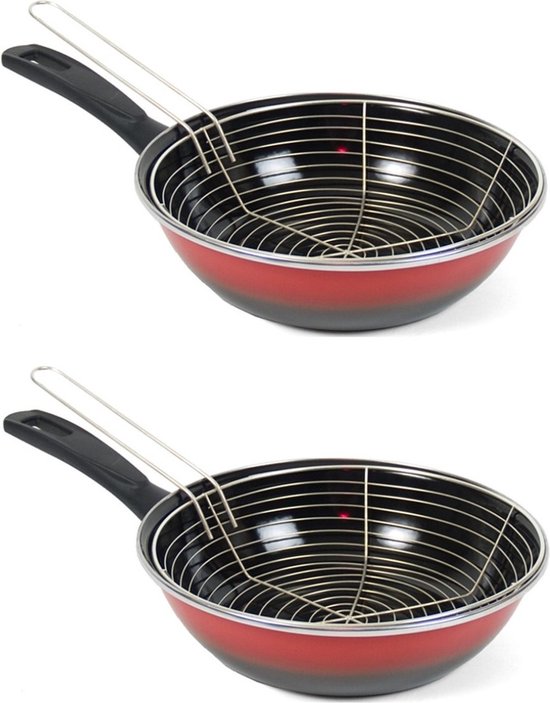 Set van 2x stuks rvs/emaille frituurpan/friteuse voor alle hittebronnen - rood 26 cm - Frituren op gasstel of kookplaat