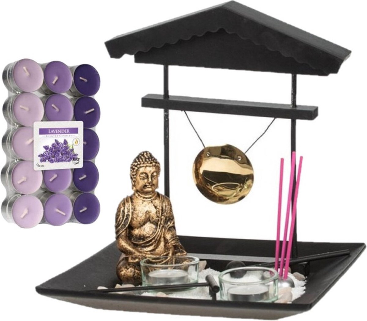 Boeddha beeld voor binnen 24 cm met 30x geurkaarsen lavendel - Buddha beeldje met theelichtjes/waxinelichtjes