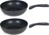 Set van 2x stuks aluminium zwarte wok/wokpan Gusto met anti-aanbak laag 28 cm - Wokpannan - Koken - Wokken