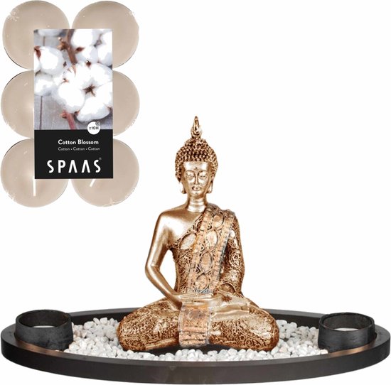 Boeddha beeld - binnen - 33 cm / 24x geurkaarsen/waxinelichtjes Cotton Blossom