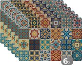 Placemat - Placemats kunststof - Bloemen - Vintage - Patroon - Blauw - Oranje - 45x30 cm - 6 stuks - Hittebestendig - Anti-Slip - Onderlegger - Afneembaar