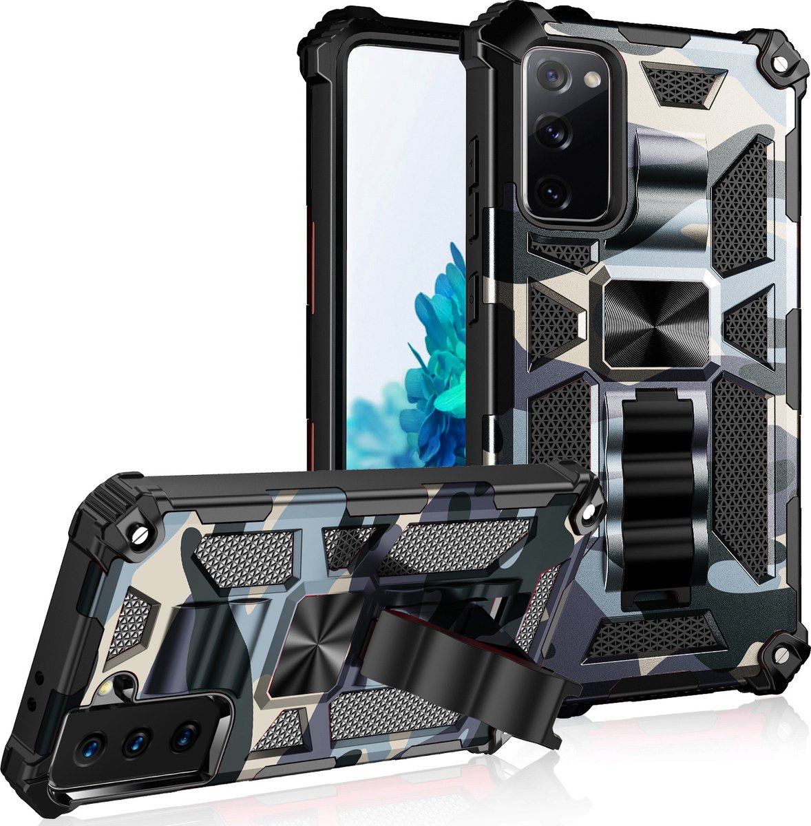 Samsung S20 FE hoesje rugged extreme backcover met kickstand Camouflage - Marine Blauw