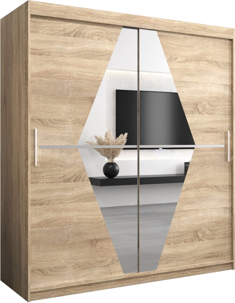 InspireME Kledingkast met 2 schuifdeuren, Modern-stijl, Een kledingkast met planken en een spiegel (BxHxD): 180x200x62 - BOLA 180 Sonoma Eik