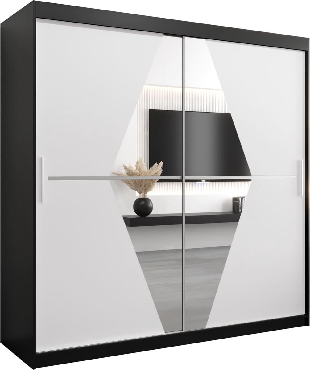 InspireME Kledingkast met 2 schuifdeuren, Modern-stijl, Een kledingkast met planken en een spiegel (BxHxD): 200x200x62 - BOLA 200 Zwart Mat + Wit Mat