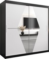 InspireMe - Kledingkast met 2 schuifdeuren, Modern-stijl, Een kledingkast met planken en een spiegel (BxHxD): 200x200x62 - BOLA 200 Zwart Mat + Wit Mat