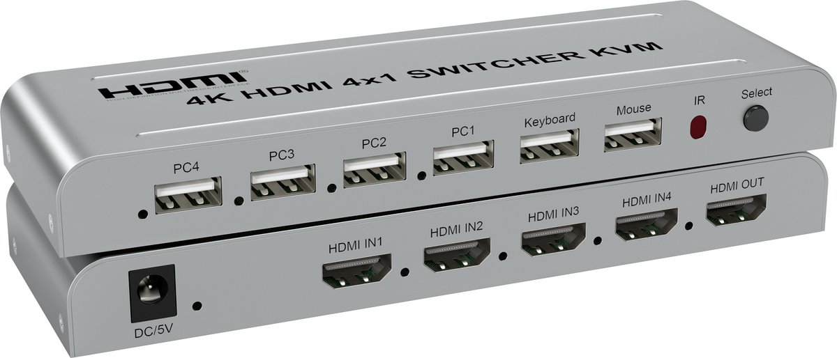 NÖRDIC KVM-110 - KVM Switch - 4K 30Hz - HDMI - HDCP2.2 - 4x Input, 4x Output - Grijs