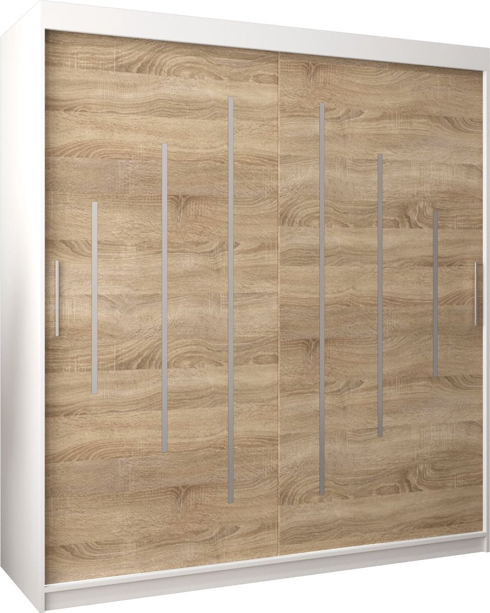 InspireMe - Kledingkast met 2 schuifdeuren, Modern-stijl, Een kledingkast met planken (BxHxD): 180x200x62 - MALTESE 180 Wit Mat + Sonoma Eik