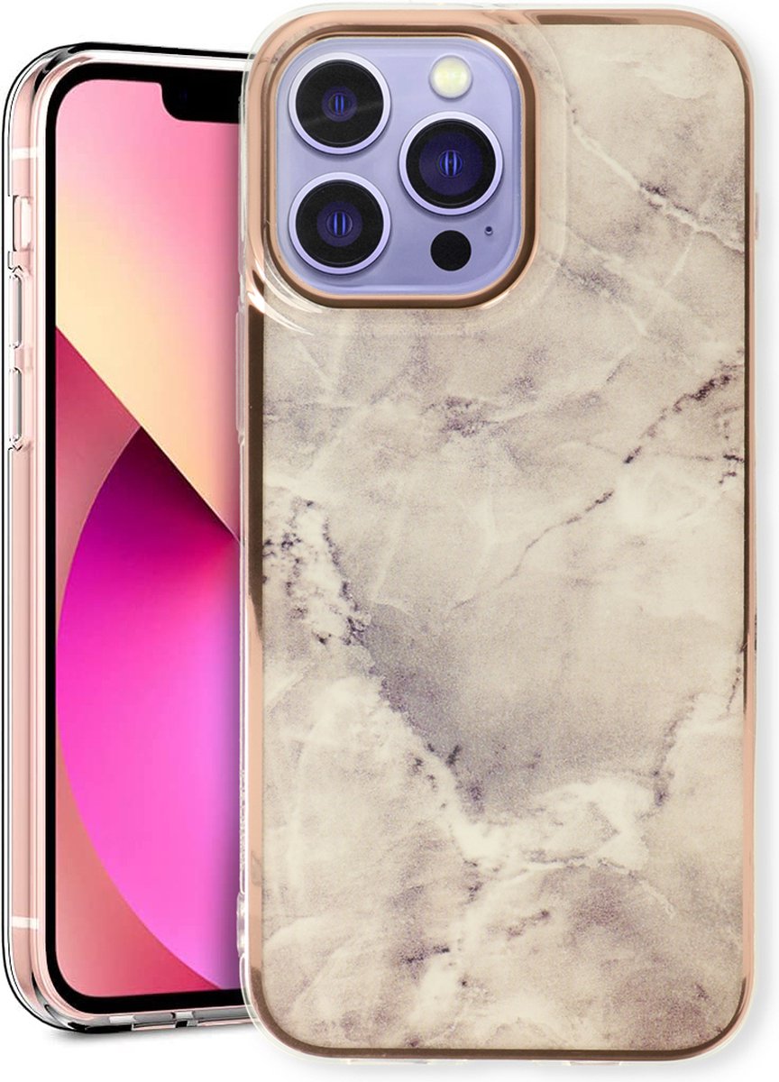 Casemania Hoesje Geschikt voor Apple iPhone 13 Pro - Steen - Siliconen Marmer Back Cover