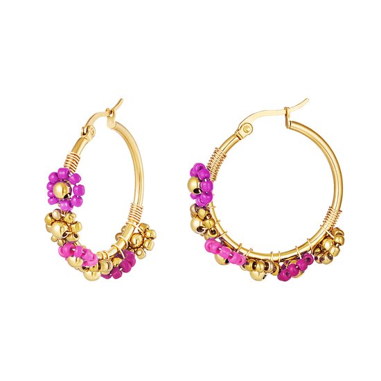 Yehwang - Oorbellen - flowerpower beads earrings - roze - pink - stainless steel