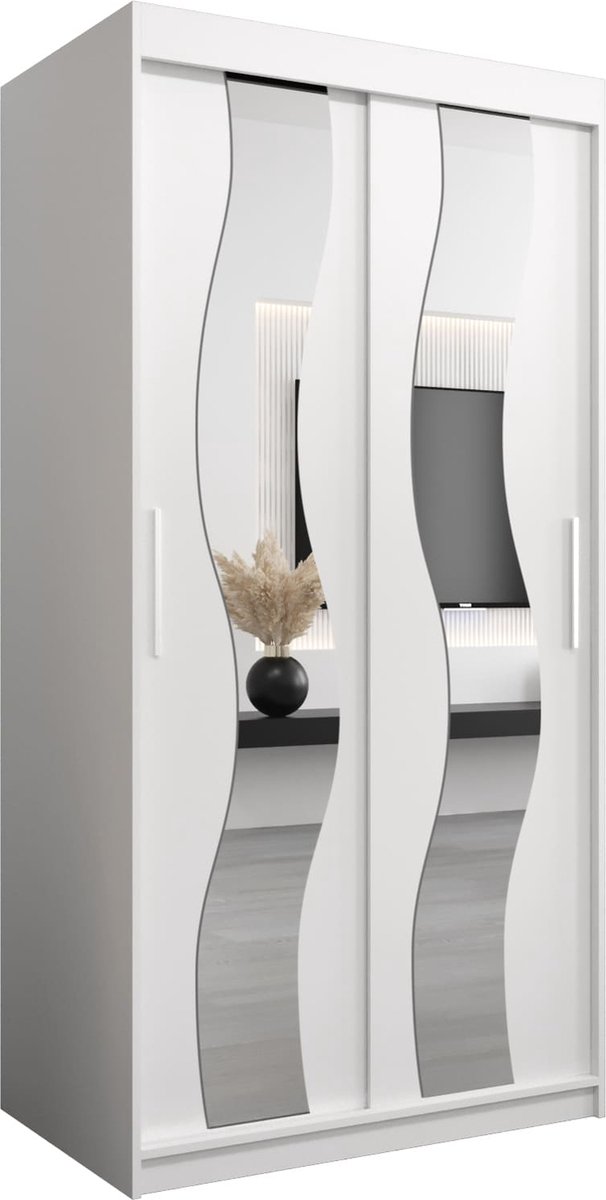 InspireME Kledingkast met 2 schuifdeuren, Modern-stijl, Een kledingkast met planken en een spiegel (BxHxD): 100x200x62 - REESE 100 Wit Mat
