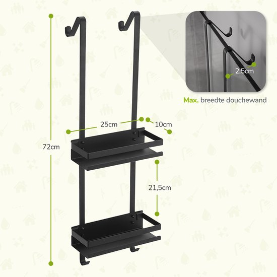 Afmetingen van het zwarte 2-laags doucherek: hoogte 72cm, breedte douchewand 2,5cm, plankdieptes 10cm en 21,5cm.