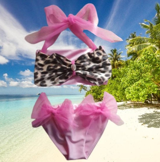 Maat 56 Bikini badpak roze strikjes Dierenprint panterprint badkleding baby en kind zwemkleding - Merkloos