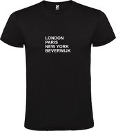 Zwart T-Shirt met “ LONDON, PARIS, NEW YORK, BEVERWIJK “ Afbeelding Wit Size XXL
