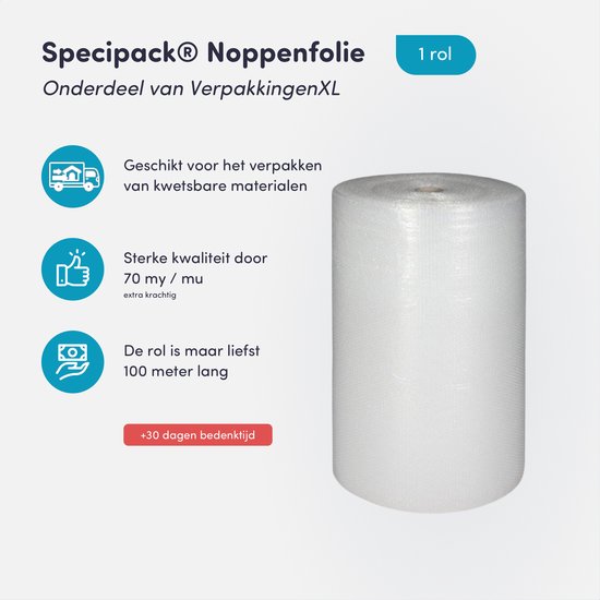 Specipack® Noppenfolie - Ideaal om breekbare spullen te verpakken - Luchtkussenfolie - Effectief voor verpakkingsmaterialen - Verpakkingsfolie - 100 cm x 100 m x 70 MY - Specipack