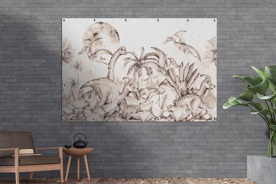 Décoration murale Dino - Enfants - Jungle - Plantes - Kids - 180x120 cm - Poster jardin - Toile jardin - Poster extérieur