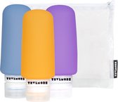 TRVLMORE Reisflesjes met Etui - Navulbaar - Handbagage - 100 ML - 3 Stuks - Oranje/Paars/Blauw