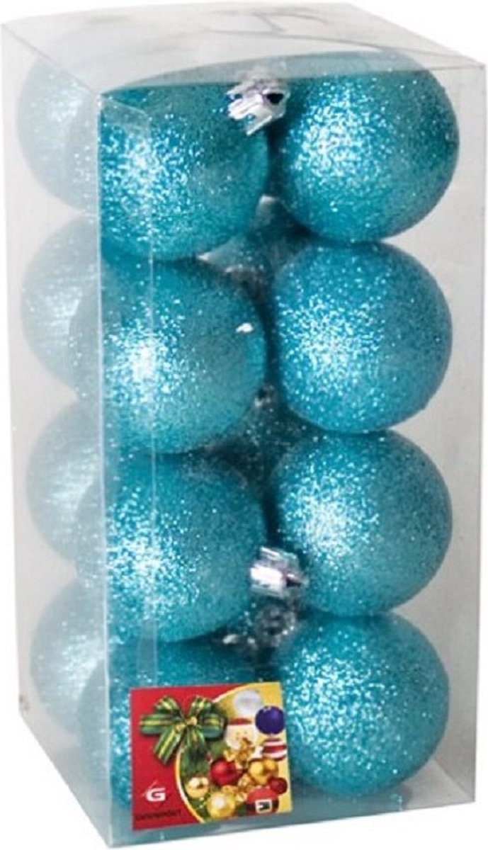 Gerimport Kerstballen - 16x - ijsblauw - glitters - D5 cm - kunststof - kerstversiering - onbreekbare kerstballen
