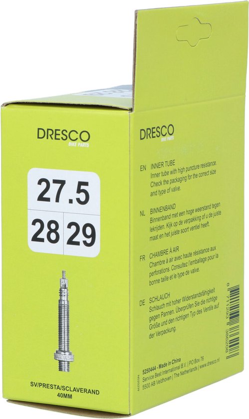 Groene Dresco fietsband doos met tekst 'INNER TUBE', 'BINNENBAND', 'CHAMBRE À AIR'. '27.5 28 29' in wit.