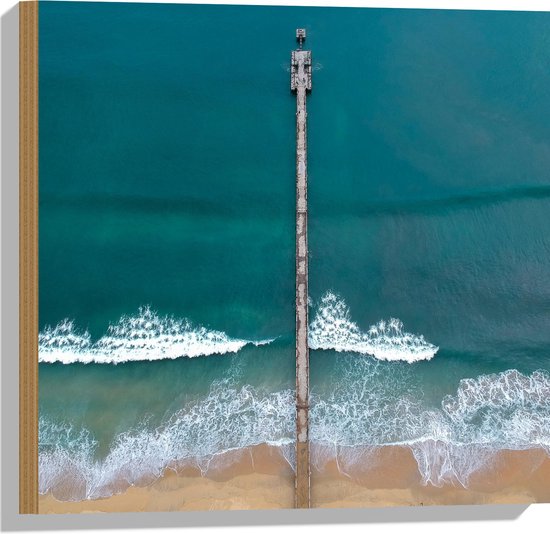 WallClassics - Hout - Bovenaanzicht van Vlonder over Zee - 50x50 cm - 12 mm dik - Foto op Hout (Met Ophangsysteem)