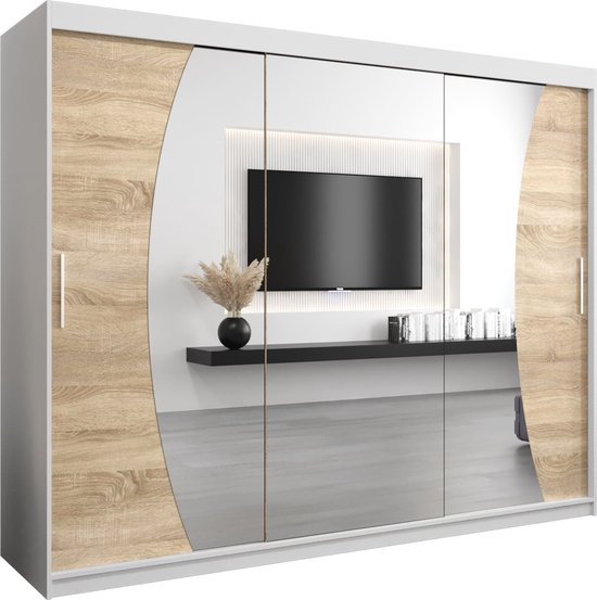 InspireMe - Kledingkast met 3 schuifdeuren, Modern-stijl, Een kledingkast met planken en een spiegel (BxHxD): 250x200x62 - KAHUNA 250 Wit Mat + Sonoma Eik