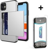 ShieldCase Kaarthouder case met slide geschikt voor Apple iPhone 12 Mini - 5.4 inch - zilver + glazen Screen Protector