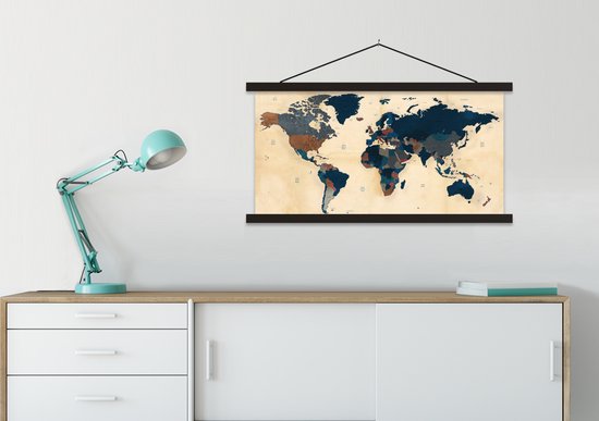 Porte-affiche avec affiche - Affiche scolaire - Carte du Wereldkaart - Vintage - Papyrus - 90x45 cm - Lattes noires
