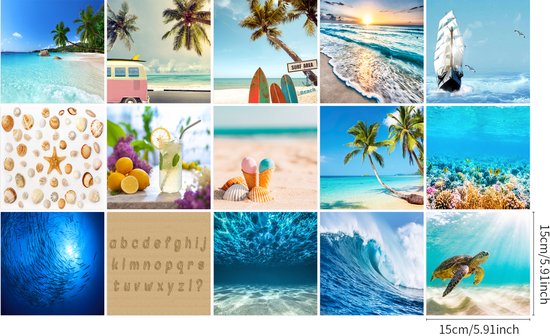Plaktegels - Zelfklevende Tegels - 15x15 cm - Ulticool - Strand Zee Aquarium Surfplank Hout Schelpen Zand Decoratie - 15 stuks - Decoratie Sticker Tegels - Plakfolie Tegelstickers - Achterwand voor de Muur Badkamer - Keukenwand Keuken - Sticktiles