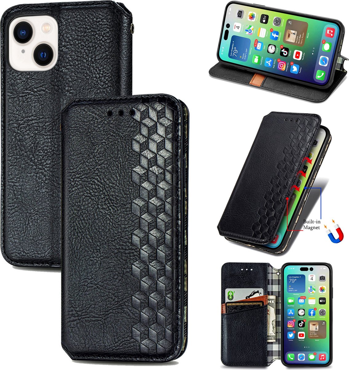 Luxe PU Lederen Ruitpatroon Wallet Case + Screenprotector voor iPhone 14 Plus_ Zwart