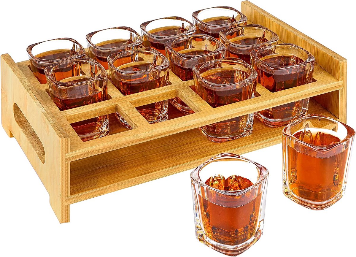 Set borrelglazen, borrelglaasjes, 60 ml en cocktailhouder, 12 gaten, transparant, met...