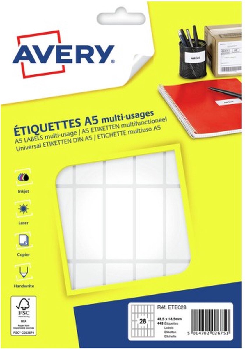 *Etiket Avery 48 - 5x18 - 5mm 28 per vel - 16 vel - planche A5 wit
