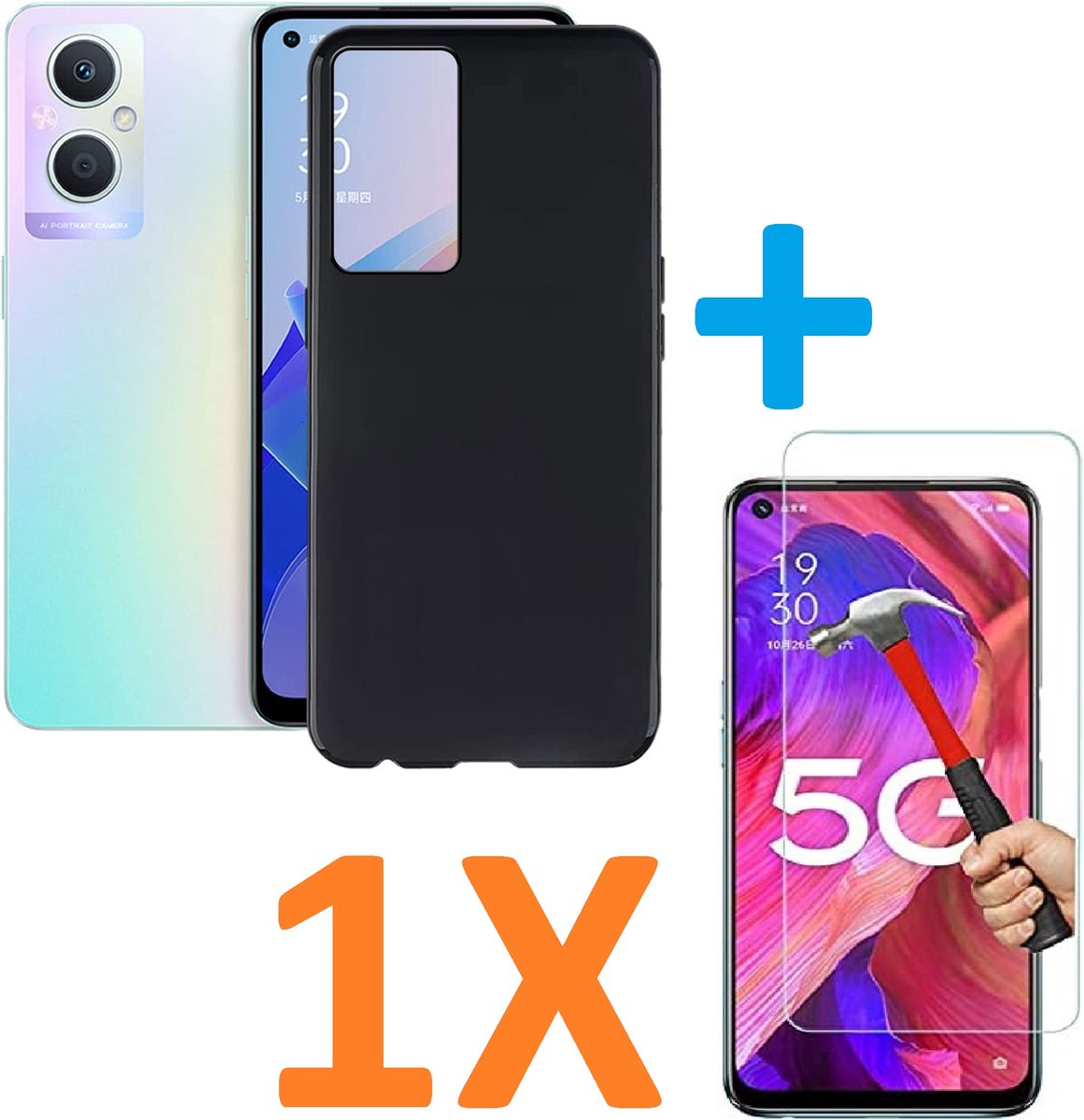 Soft TPU Zwart hoesje Silicone Case +1 stuk Glas Screenprotector Geschikt voor: Oppo A96