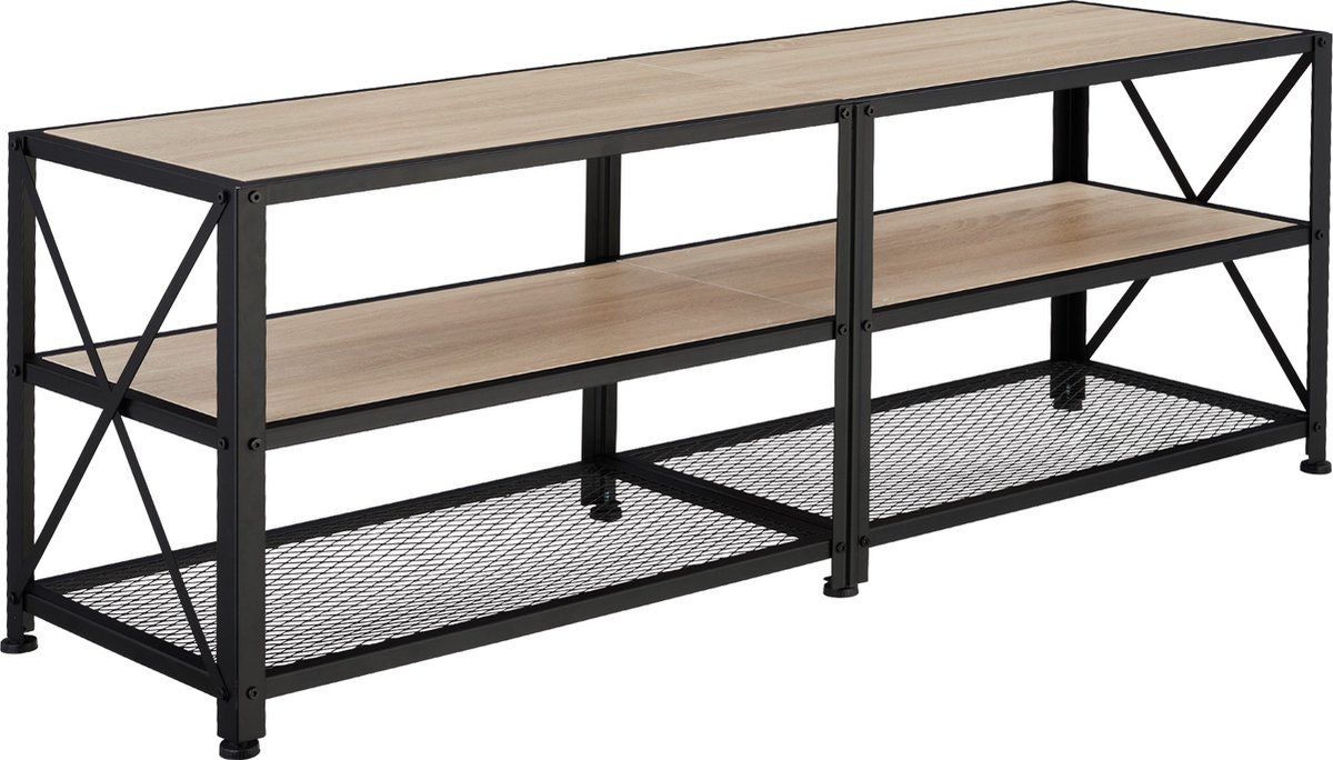 Tectake TV-meubel met open planken - 3 niveaus - Lowboard voor TV's tot 55 inch - Houten TV-dressoir - Industrieel design - Zwart metalen frame - Afmeting (LxBxH) 141 x 41,5 x 50,5 cm - Lichtbruin