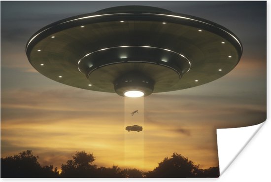 Poster een UFO die een auto omhoog straalt