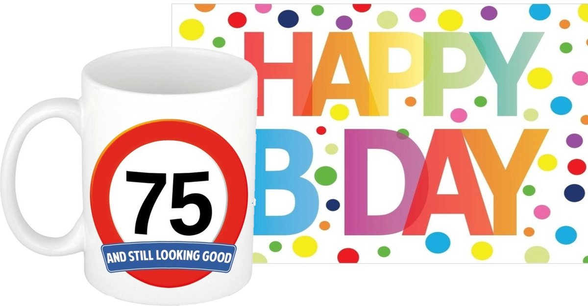 Verjaardag cadeau mok/beker 75 jaar print 300 ml + A5-size wenskaart Happy Birthday
