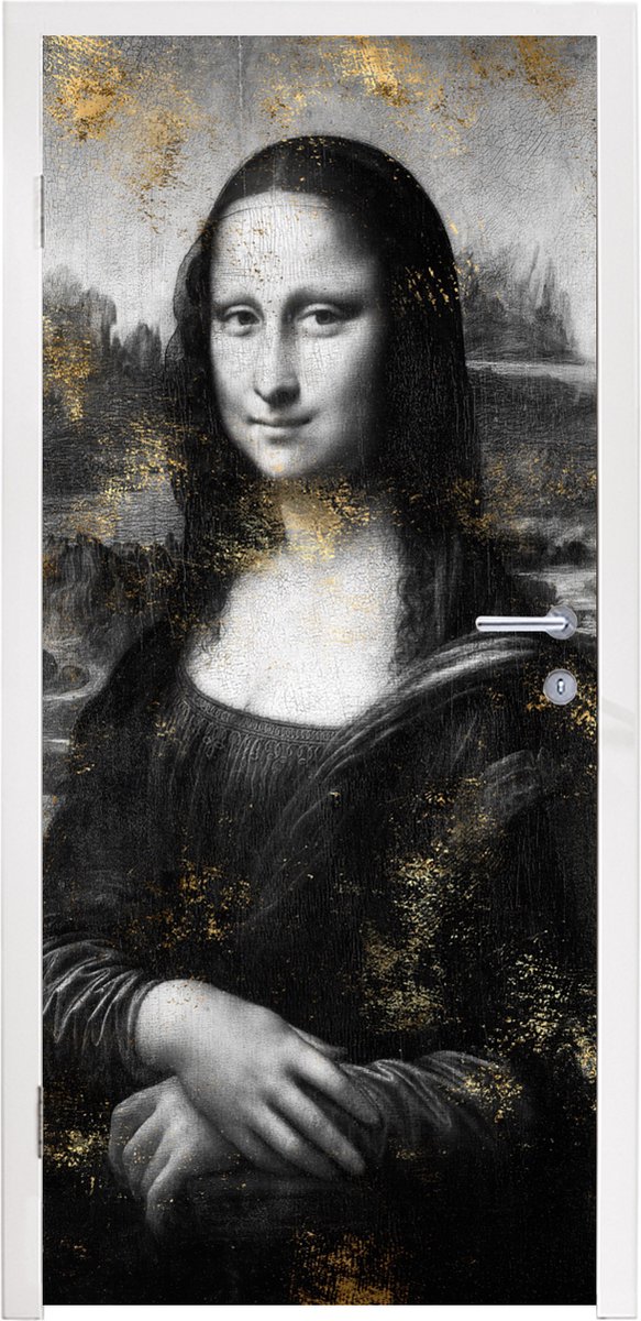 Deurposter 90x215 cm - Deursticker Mona Lisa - Goud - Zwart - Meubelfolie zelfklevend - De