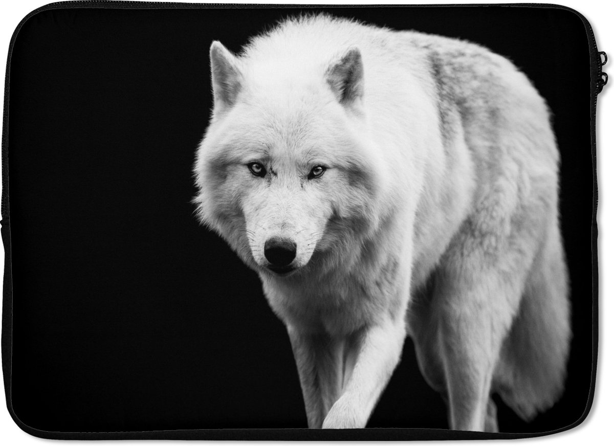 Laptophoes 13 inch - Wolf - Dier - Zwart - Wit - Laptop sleeve - Binnenmaat 32x22,5 cm - Zwarte achterkant