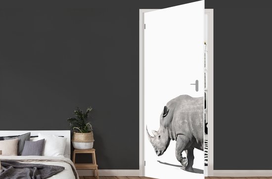 Deurposter 95x235 cm - Deursticker Neushoorn - Dieren - Wit - Meubelfolie zelfklevend - Deurfolie woonkamer - Interieurfolie fotobehang - Deur plakfolie - Deurstickers - Deurbehang sticker - Kamer decoratie