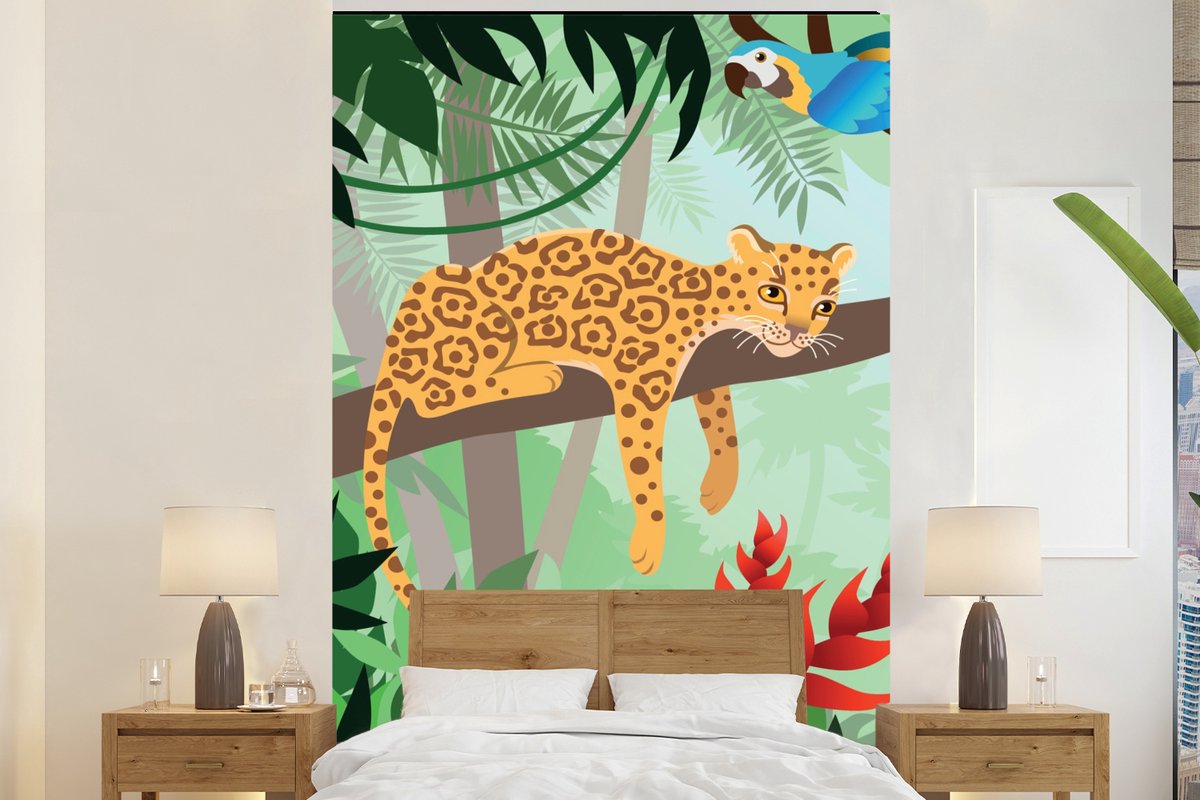 Behang babykamer - Fotobehang Jungle dieren - Toekan - Jongens - Meiden - Luipaard - Breedte 155 cm x hoogte 240 cm