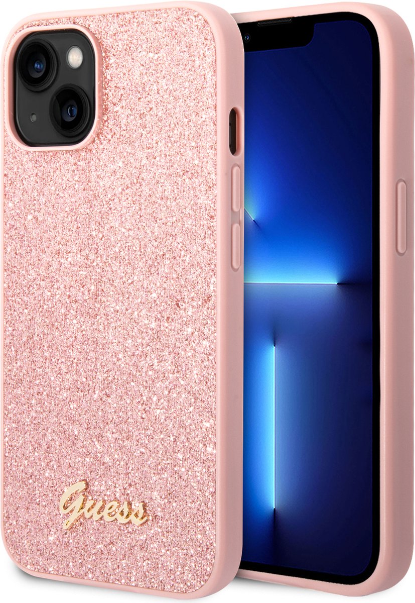 Guess hoesje geschikt voor iPhone 14 Plus - Backcover - Glitter Script - Roze